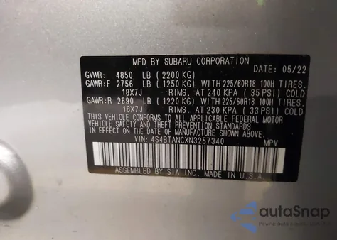 2022 Subaru Outback Limited from USA, damaged, VIN 4S4BTANCXN3257340